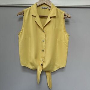 Tommy Bahama Sleeveless Yellow Cropped Tie Front Top Size M Silk Collared Blouse